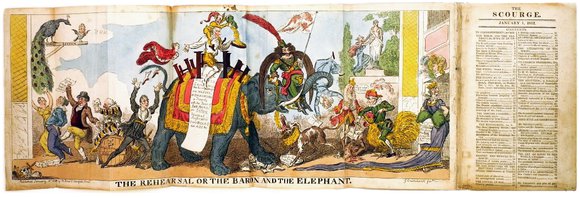 George Cruikshank, “The Rehearsal of The Baron and The Elephant”, from The Scourge, 1.1.1812 (Ausschnitt)